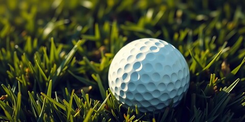 Close-up of golf ball on lush green grass, showing dimples and texture,   active,  bunker
