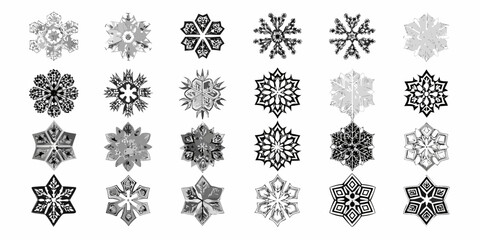 Collection of diverse black and white snowflake designs in a grid pattern on a white background