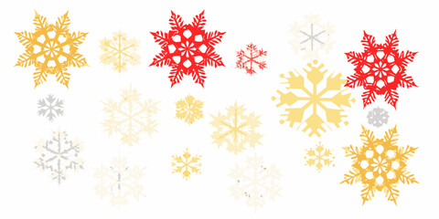 Festive red gold and silver snowflakes scattered on a white background for winter holidays