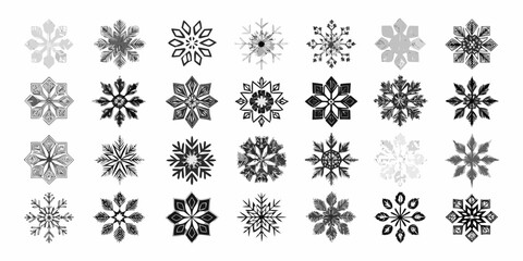 Collection of diverse black and white snowflake designs in a grid pattern