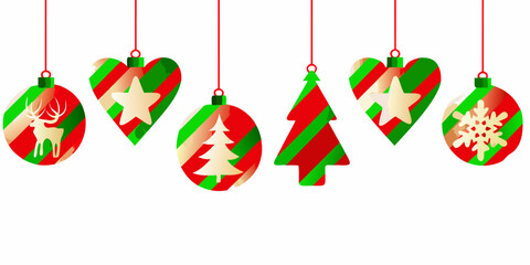 Festive christmas ornaments with red green stripes and gold silhouettes hanging