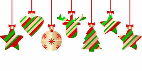 Festive christmas ornaments with red green and gold stripes hanging on white background