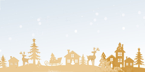 Whimsical golden silhouette village with reindeer and sleigh under falling snowflakes