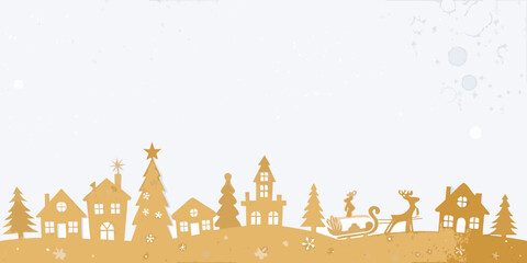 Whimsical golden christmas village silhouette with reindeer sleigh and snowy background