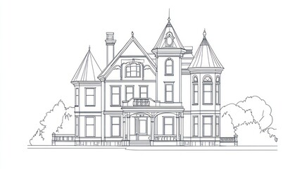 Fototapeta premium Line drawing of a grand Victorian style house with trees, for architecture use