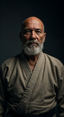 Obraz premium Close-up portrait of a wise sensei in traditional martial arts robes, conveying calm intensity, discipline, and spiritual strength.