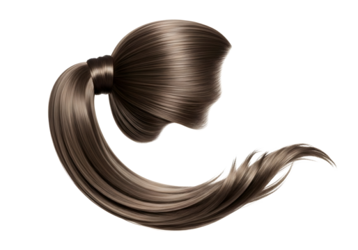 Realistic dark brown hair ponytail isolated on transparent background