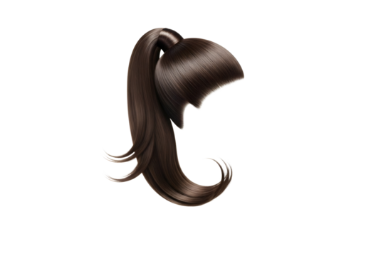 Realistic dark brown hair ponytail isolated on transparent background