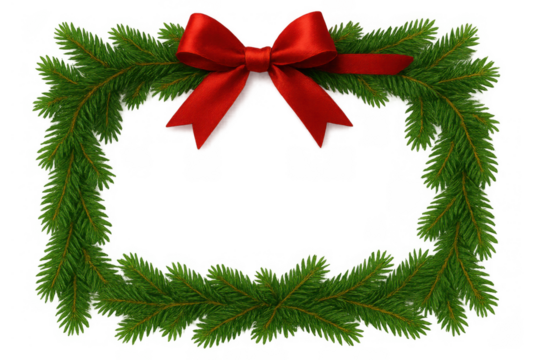 Christmas fir branch frame creating a festive border with a red bow, transparent background