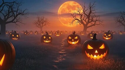 Spooky Halloween Horror Party in October Fog with Glowing Jack-o'-lanterns and Full Moon Light, a Terrifying Night - Powered by Adobe