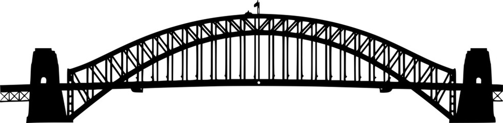 Naklejka premium Harbour bridge silhouette. The image shows a black silhouette of the Sydney Harbour Bridge, an iconic steel arch bridge in Sydney, Australia. Vector clipart illustration design.