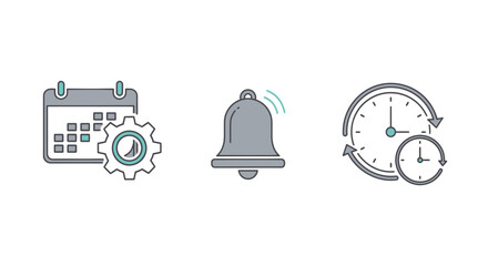 Modern vector line icons representing digital organization tools calendar settings, timely notifications, and efficient time management. Essential UI elements for scheduling and alerts