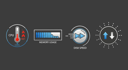 Minimalist vector icons illustrating key computer performance metrics processor temperature, memory usage, disk speed, and network activity, essential for system diagnostics and optimization