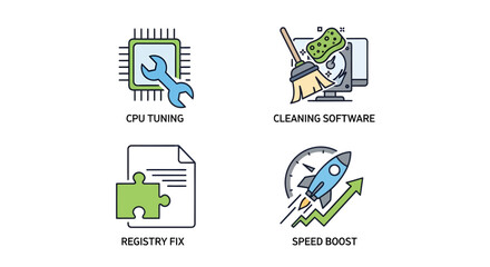 Minimalist vector icons for computer optimization and maintenance, showing tools for CPU tuning, software cleaning, registry repair, and system speed boost