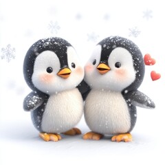 Fototapeta premium Adorable fluffy cartoon penguin couple embracing each other surrounded by falling snowflakes and floating red hearts