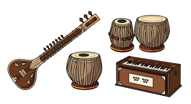 A colorful vector illustration of traditional Indian musical instruments sitar, tabla, and harmonium. An authentic cultural set isolated on a white background