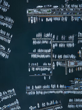 Aerial view of boats docked in rows, creating a geometric tapestry of white hulls against the deep blue sea, Trieste, Friuli-Venezia Giulia, Italy.