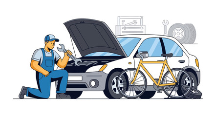 Skilled mechanic performing vehicle maintenance, diligently working on a car engine while also attending to bicycle service, illustrating comprehensive repair solutions