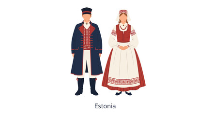 Obraz premium Flat vector illustration depicting a traditional Estonian male and female couple in national folk costumes, showcasing cultural heritage with traditional attire for celebrations and events