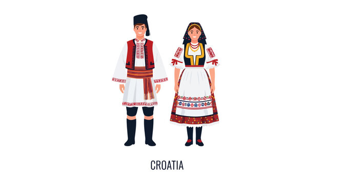 Flat vector illustration of a Croatian couple in traditional national folk costumes, showcasing their vibrant cultural heritage and traditional apparel from Croatia, isolated on white