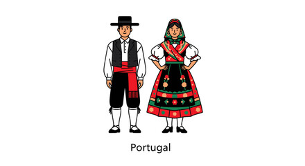 Traditional folk illustration of a man and woman in traditional Portuguese clothing standing on a white background