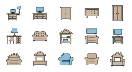 Minimalist vector line icons showcasing essential home and office furniture pieces, including desks, sofas, and storage units, ideal for modern digital design interfaces and applications