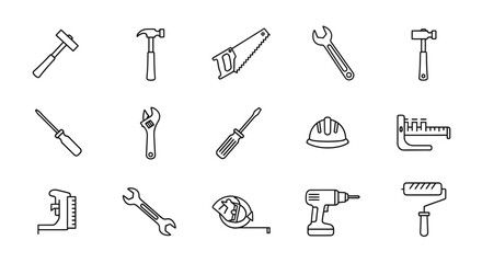 Comprehensive vector line icon collection featuring essential construction and home improvement tools, perfect for DIY projects, building, repair, and professional maintenance services