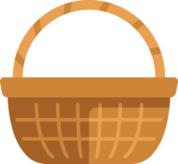 Empty wicker basket with handle standing up, traditional container for food or other goods, isolated on white background