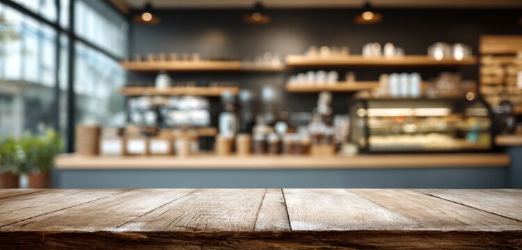 Modern and cozy coffee shop interior with wooden shelves and natural lighting