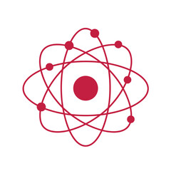 Red atomic structure diagram with orbiting electrons on white background science research