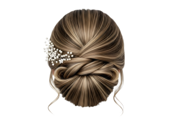Elegant bridal updo hairstyle with pearl and crystal hair accessory isolated on transparent background