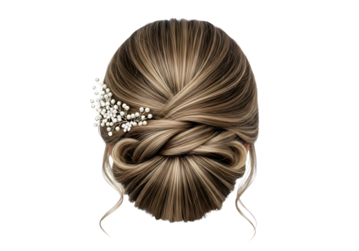 Elegant bridal updo hairstyle with pearl and crystal hair accessory isolated on transparent background