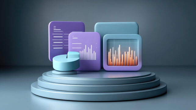 3D chart, data visualization, analytics, and statistics icons on podium, modern digital dashboard concept