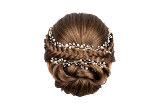 Elegant bridal updo hairstyle with pearl and crystal hair accessory isolated on transparent background