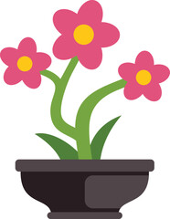 Simple illustration of pink flowers growing in a black pot, representing gardening, nature, and growth