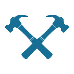 Two blue hammers crossed on a white background tool
