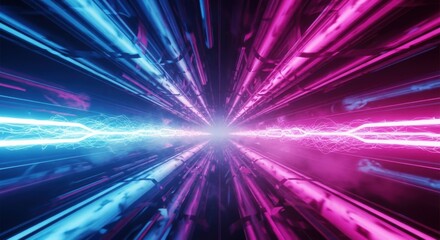 Obraz premium Futuristic perspective view of neon blue and pink light trails converging towards a bright center point, creating a tunnel effect.