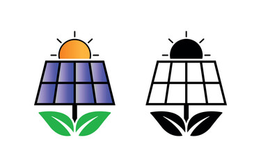 Solar Panel Plant Icon with Sun and Leaves, Renewable Energy Eco Power Vector