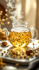 Glass teapot with chamomile tea, blossoms, and decorative honey and cup.
