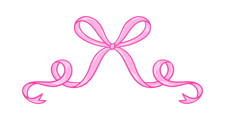 Coquette aesthetic pink bow. Line drawing illustration of whimsical ribbon for a baby shower decoration. Wedding, Valentine's, birthday gift. Retro style girly vector illustration. Doodle lace.