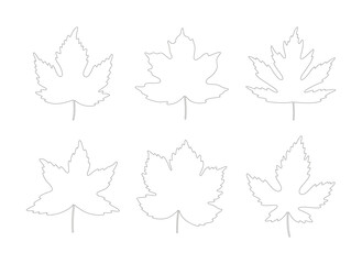 Set of autumn maple leaves. Black silhouettes in line art style on a white background. Spring, summer, or fall collection foliage. Vector illustration