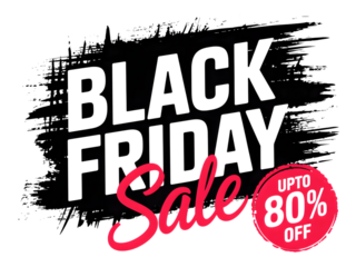 Black friday sale text with brush stroke background and 80 off circle, isolated on transparent background