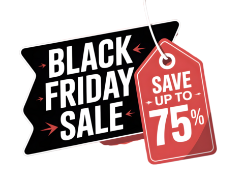 Black friday sale tag with text black friday sale and save up to 75 isolated on transparent background - Powered by Adobe