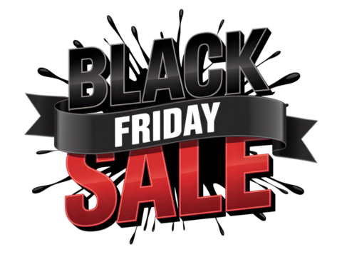 Black friday sale text with splash effect and ribbon, isolated on transparent background