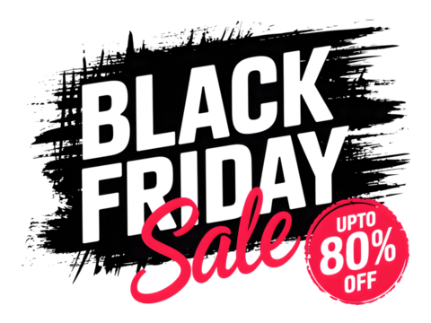 Black friday sale text with brush stroke background and 80 off circle, isolated on transparent background