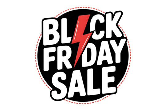 Black friday sale text with lightning bolt symbol isolated on transparent background