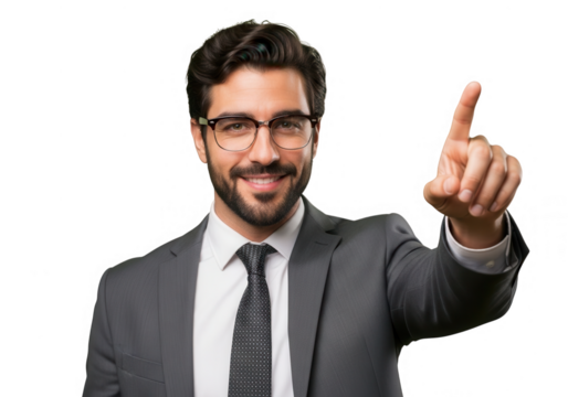 Businessman pointing upward with smile isolated on transparent background