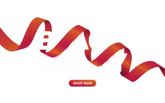 Red ribbon with shop now button and blurred text isolated on transparent background - Powered by Adobe