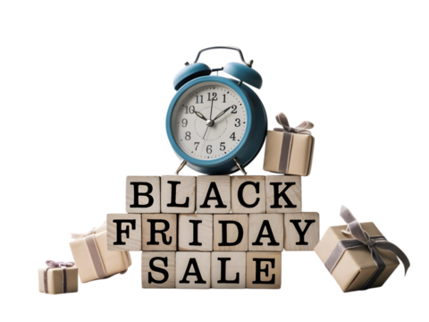 Black friday sale text with alarm clock and gift boxes isolated on transparent background