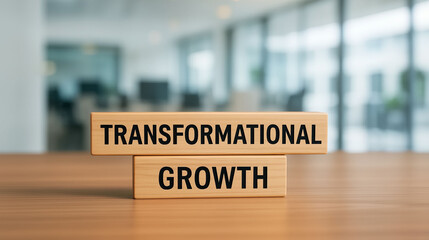 Transformational growth concept on wooden blocks symbolizing business development innovation success and organizational progress in modern office environment